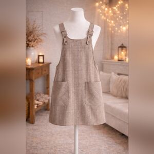 Twik Plaid Overall Dress Layering Piece Front Pocket School Fall Coffee Shop